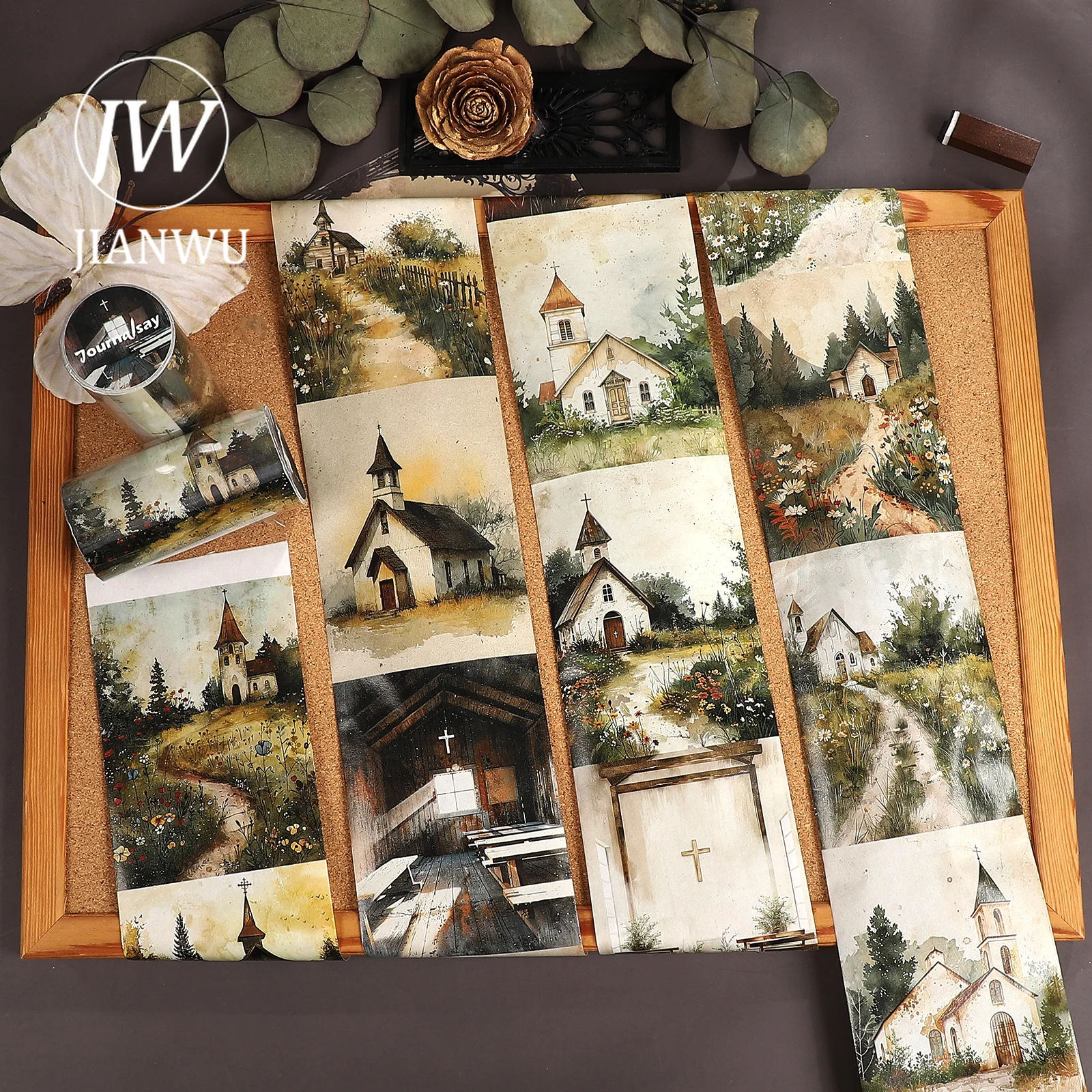 JIANWU 80mm*208cm Vintage Field Church Landscape Material Collage Scrapbooking Washi Tape Creative DIY Journal Stationery