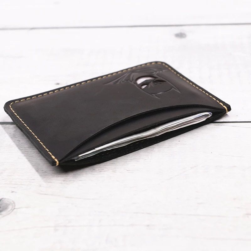 جلد طبيعي الخفافيش معرف المحفظة للرجال جلد البقر سليم الحد الأدنى محفظة جيب أمامية حامل بطاقة مع انقطاع خارقة عيون الوجه #3