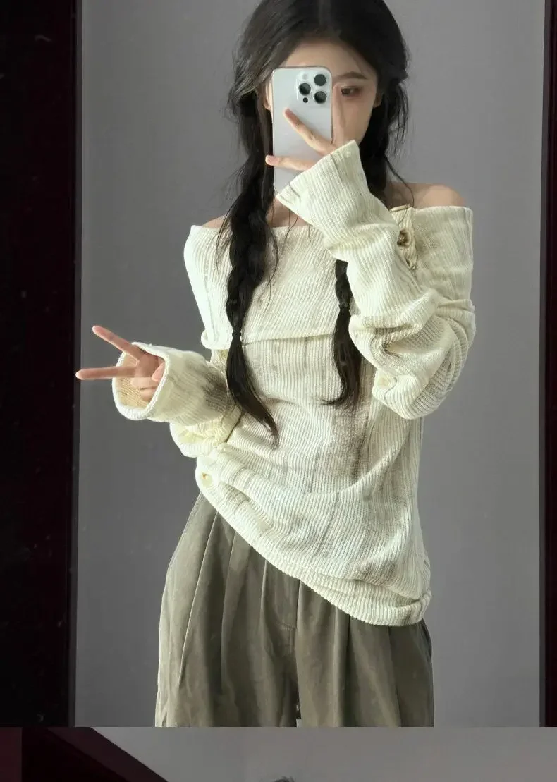 Women's Long Sleeve Top Spring Autumn New Knitwear Off Shoulder Top Women Y2k Clothes Korean Style Fashion Women's Clothing 2024