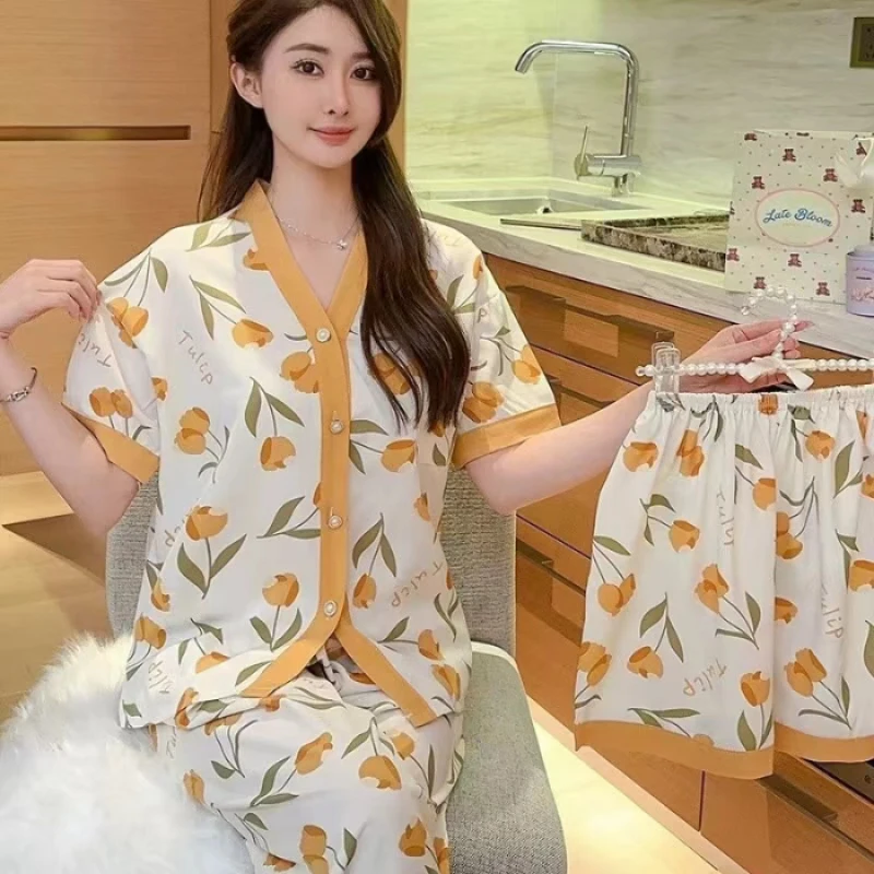 Elegant Classic Y2k Three-piece Pajamas for Women 2024 New Spring/summer Sleepwear Short Sleeves+Shorts+Pants V-Collar Home Suit