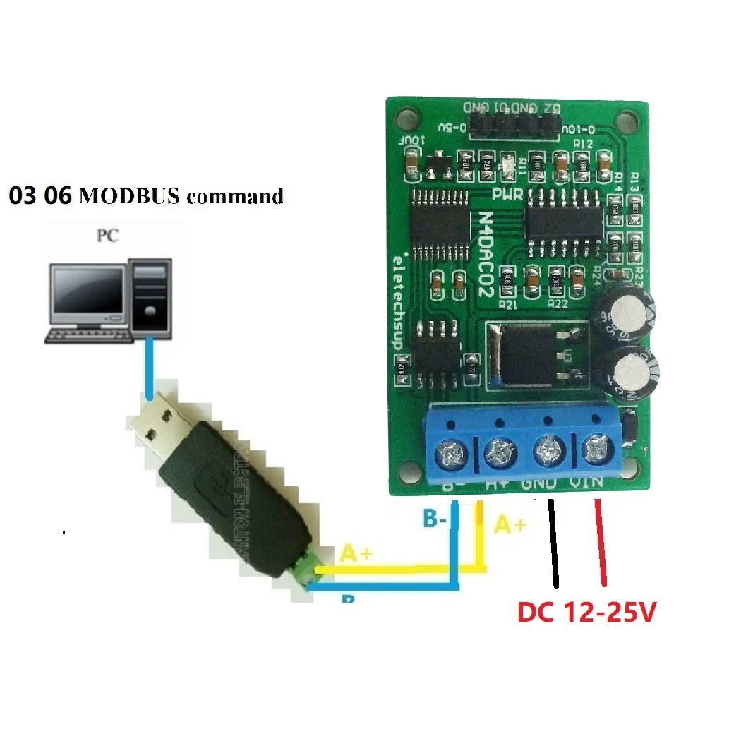 2CH DC 12V 0-5V 0-10V Voltage Signal Generator DAC Converter Module RS485 Modbus RTU For PLC Measuring Instruments N4DAC02