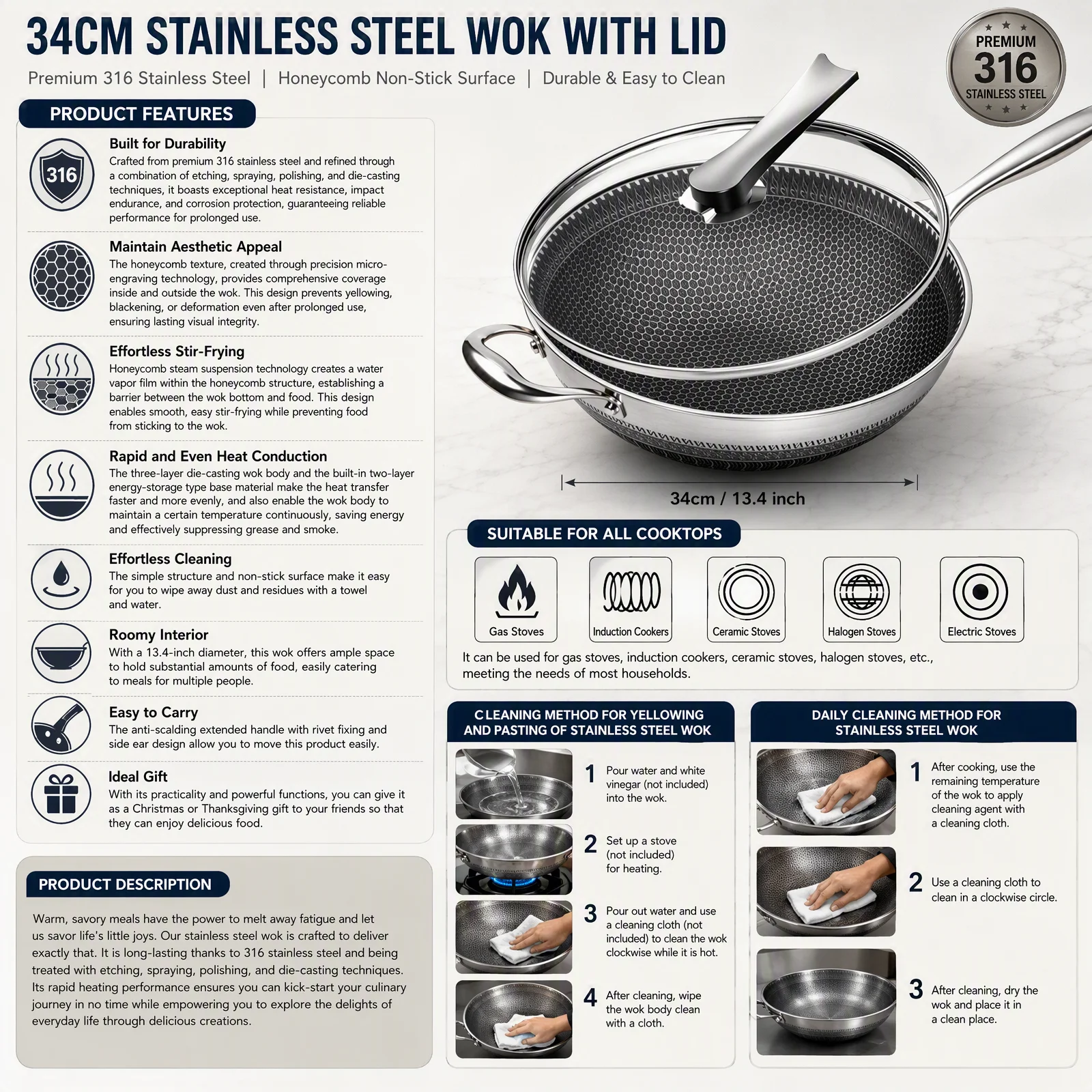 Stainless Steel Wok 316 Material 13.4inch Non-Stick Wok Pan, Fast Heating Honeycomb Texture Anti-Scalding Handle, Compatible with Gas & Induction Cooktops for Home Cooking