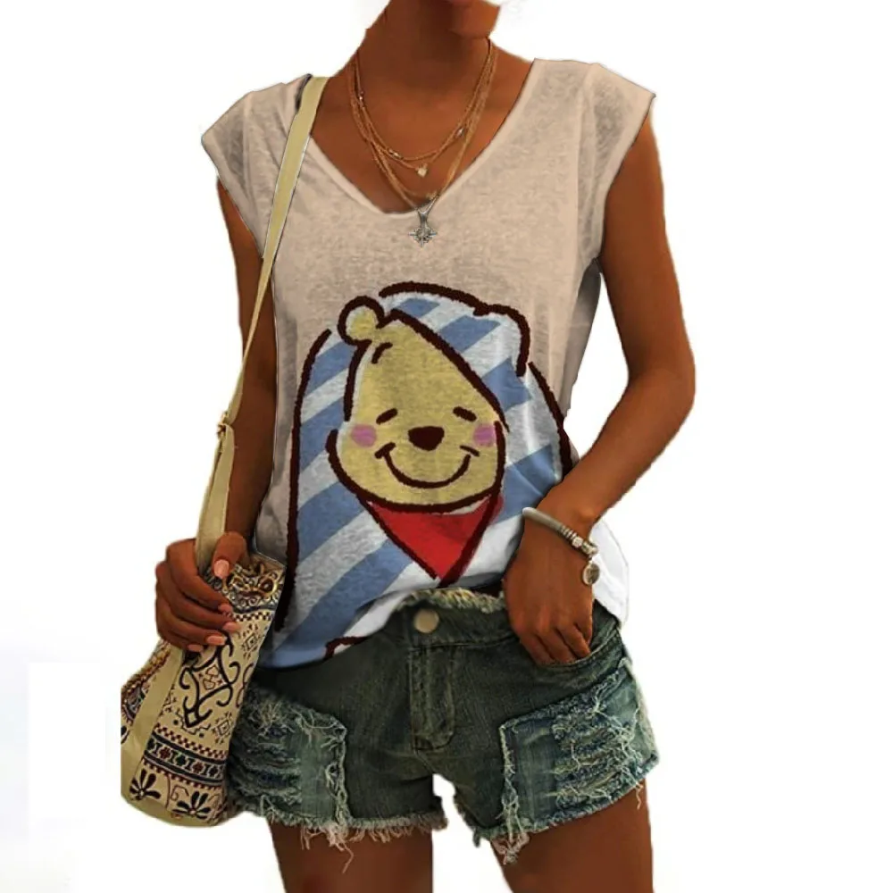 

2023 Summer New Cute Winnie the Pooh Anime Street Sleeveless V-Neck Vest Disney Print Fashion Versatile Casual Ladies Slim Tops