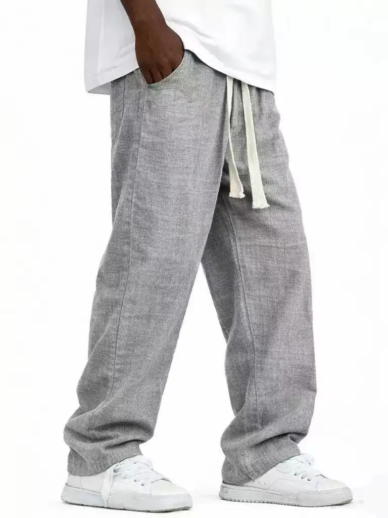 2026 New Men's Linen Pants Plus Size Casual Loose Fit Straight Leg Trousers Male Summer Cotton Linen Breathable Long Pants