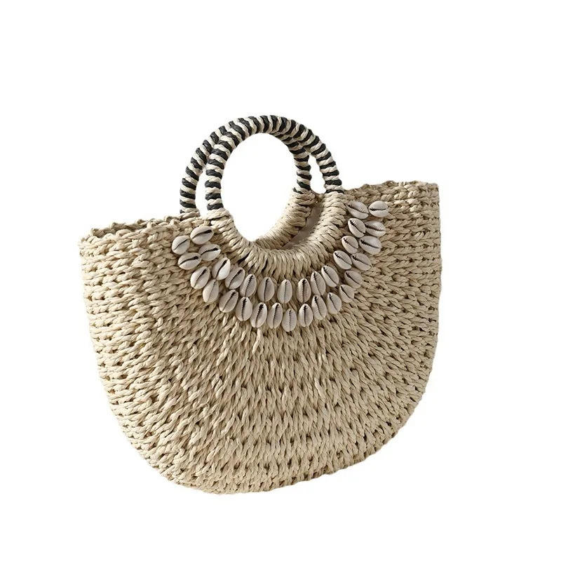 

2025 new retro straw bag handheld half round shell handmade straw woven bag female seaside vacation beach bags