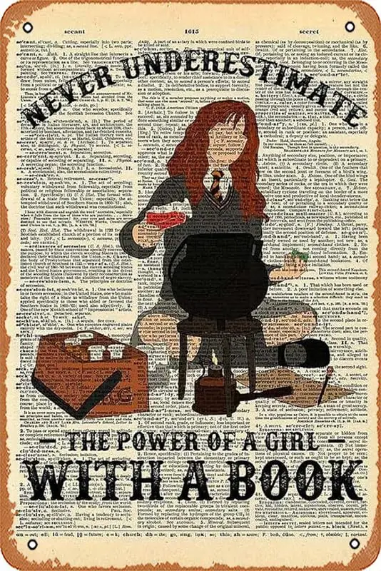 Vintage Tin Sign Movie Poster Never Underestimate Power Of Girl With Book Potter Wall Art Gift For Bookworm Home Cafes Office St