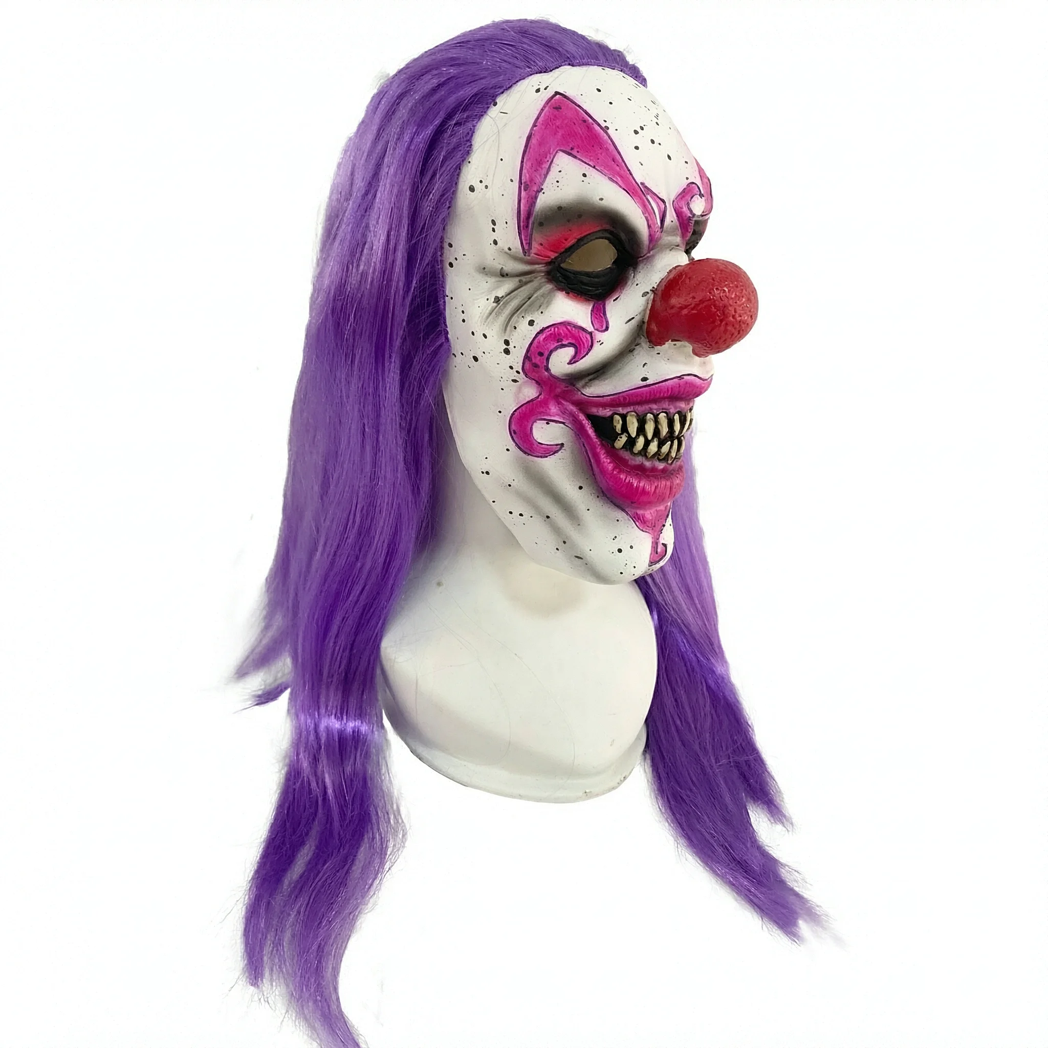 Halloween Scary Clown Full‑Head Latex Mask with Long Purple Wig, Red Nose & Sharp Fangs for Cos Haunted House Theme Party