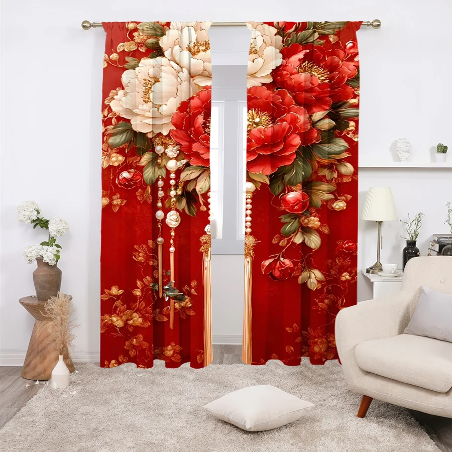2PCS, Multicolor, Luxurious Red and White Peony Floral Print with Gold Accents and Tassels Curtains, for Bedroom and Living Room