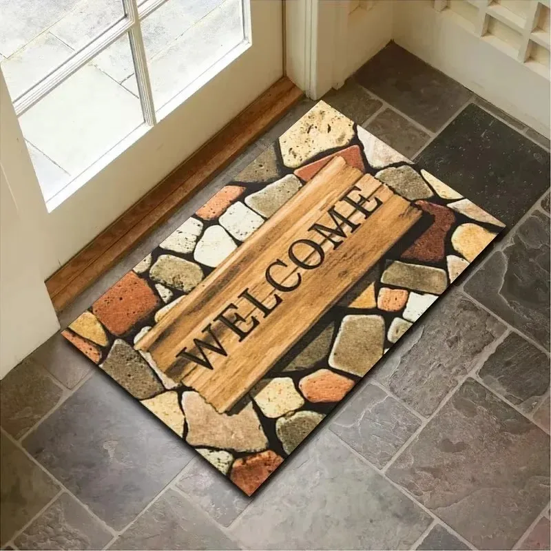 VIKAMA Cobblestone Welcome Doormat Non-Slip Washable Vintage Stone Rug Indoor Outdoor Entrance Farmhouse Decor