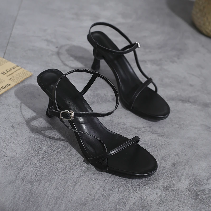 Salto alto de couro PU feminino, sandálias de conforto para meninas, sapatos bege femininos, 6cm, preto, novo, verão 2022