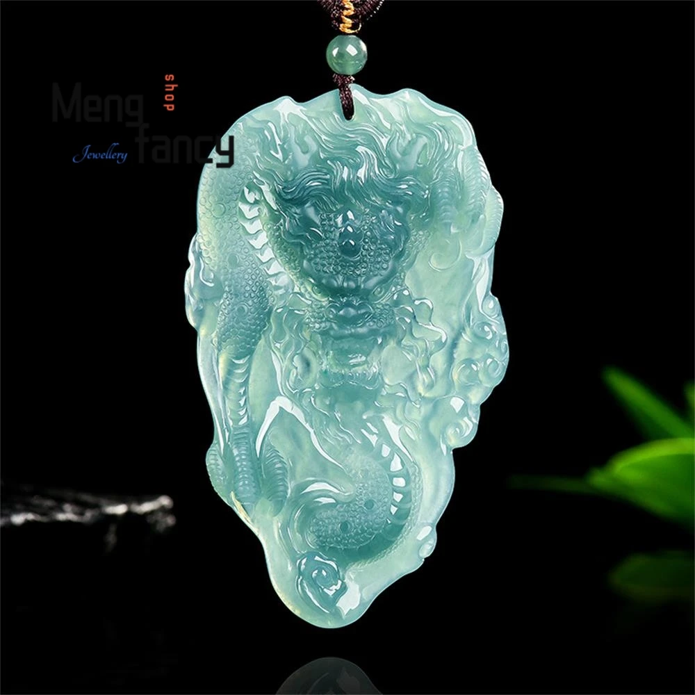 Natural A-grade Jadeite Blue Water Domineering Dragon Soars Across the Four Seas Zodiac Pendants Made of Ice-type Jade Jewelry