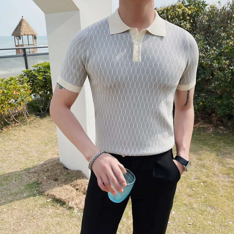 2023 Summer Diamond Plaid Knitted Polo Shirt Men\'s Ice Silk Short Sleeve Slim Fit Lapel T-shirt Streetwear Plus Size 4XL-M