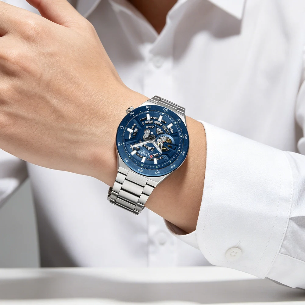 CURREN 8486 New Men Automatic Mechanical Watch Hollow Skeleton Dial with Metal strap Luminous Hands Business Relógio masculino