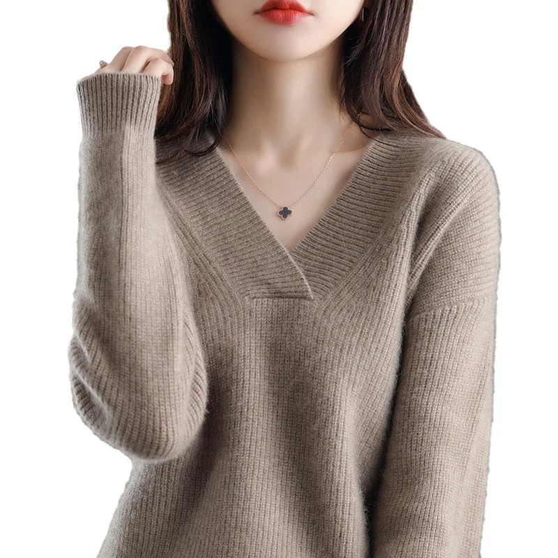 V-Neck Autumn Winter Sweater pullovers Women 2024 loose thick cashmere Sweater Pullover women oversize sweater