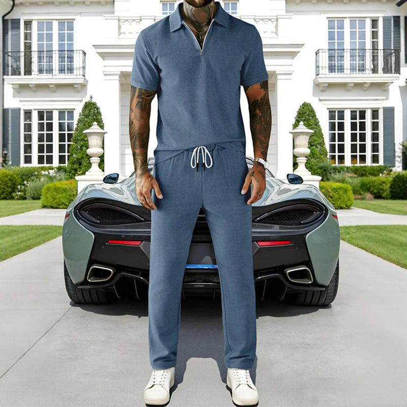 Leisure Solid Color Corduroy Outfits For Men Summer Casual Short Sleeve Polos And Trousers Two Piece Suits Mens Spring Slim Sets