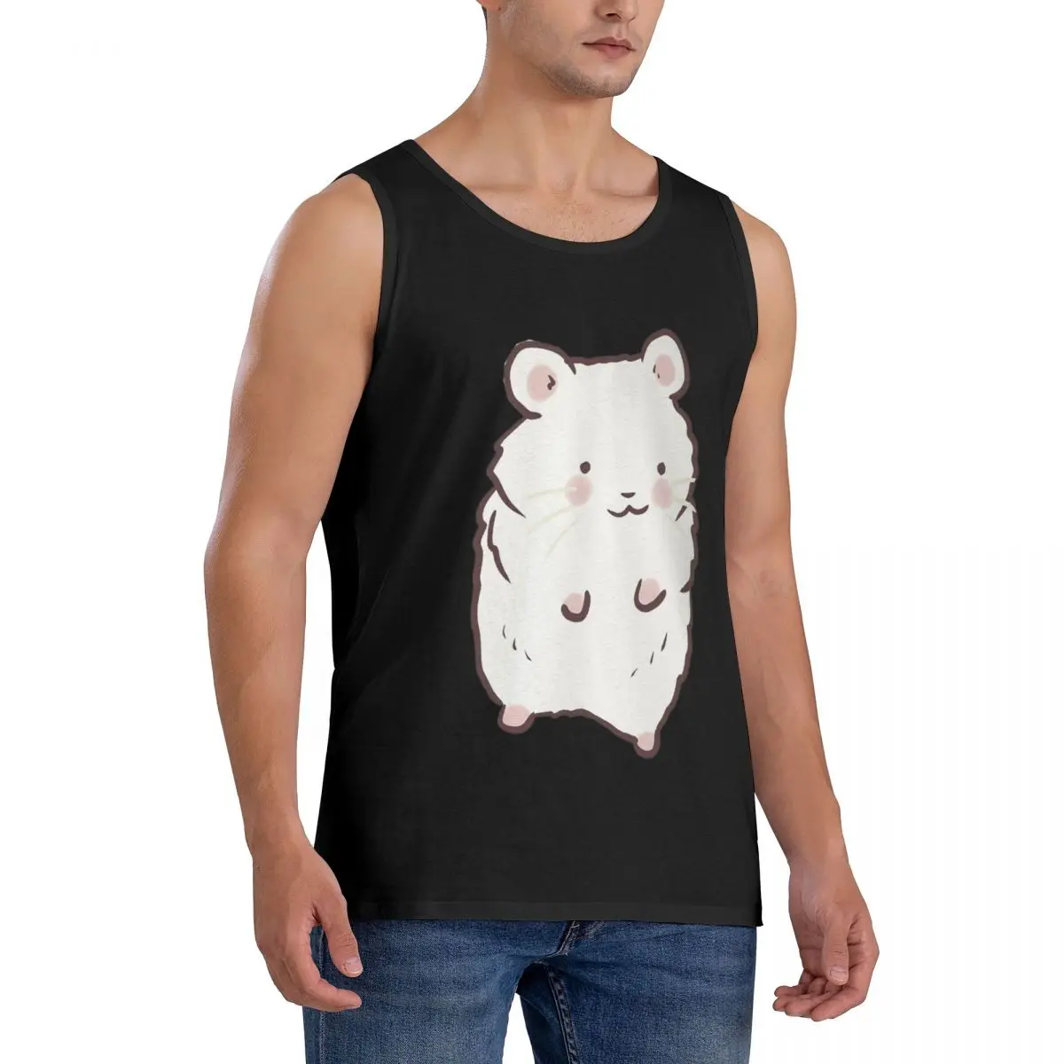 100% Cotton Cute Hamster Drawing Sleeveless T-Shirt Men Workout Sports Clothing Tops Men's Crew Neck Vest