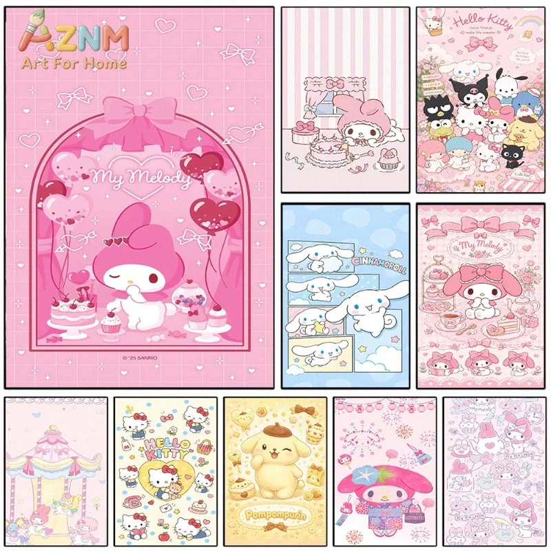 My Melody Cinnamoroll Hello Kitty Canvas Poster Cute Sanrio Cartoon Print Unframed Canvas Art Pink Sweet Aesthetic Wall Decor Gi
