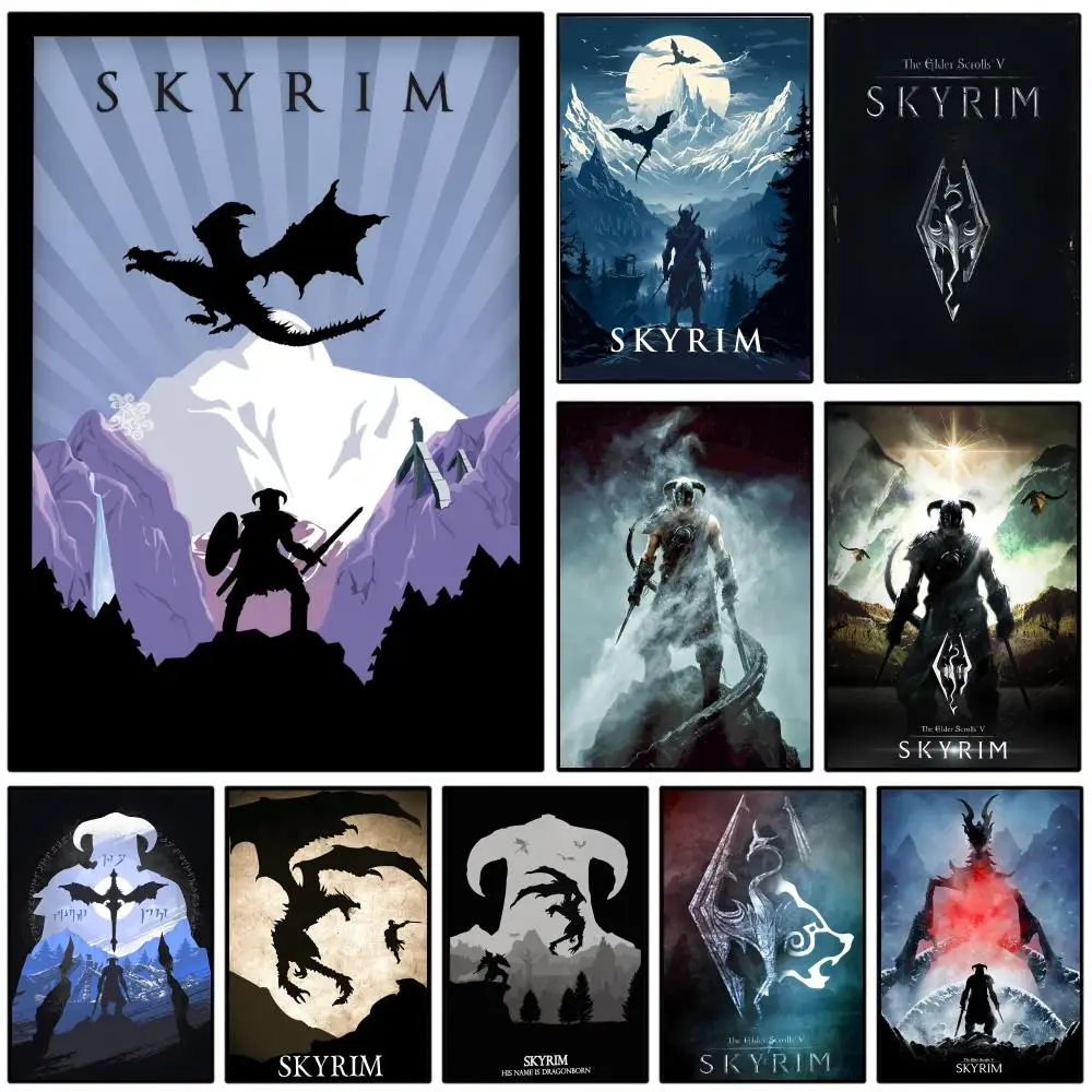 Póster artístico de pared en lienzo impermeable HD con pintura de caligrafía, decoración para el hogar, habitación de hotel, regalo, videojuego T-The Elder S-Scrolls V Skyrim