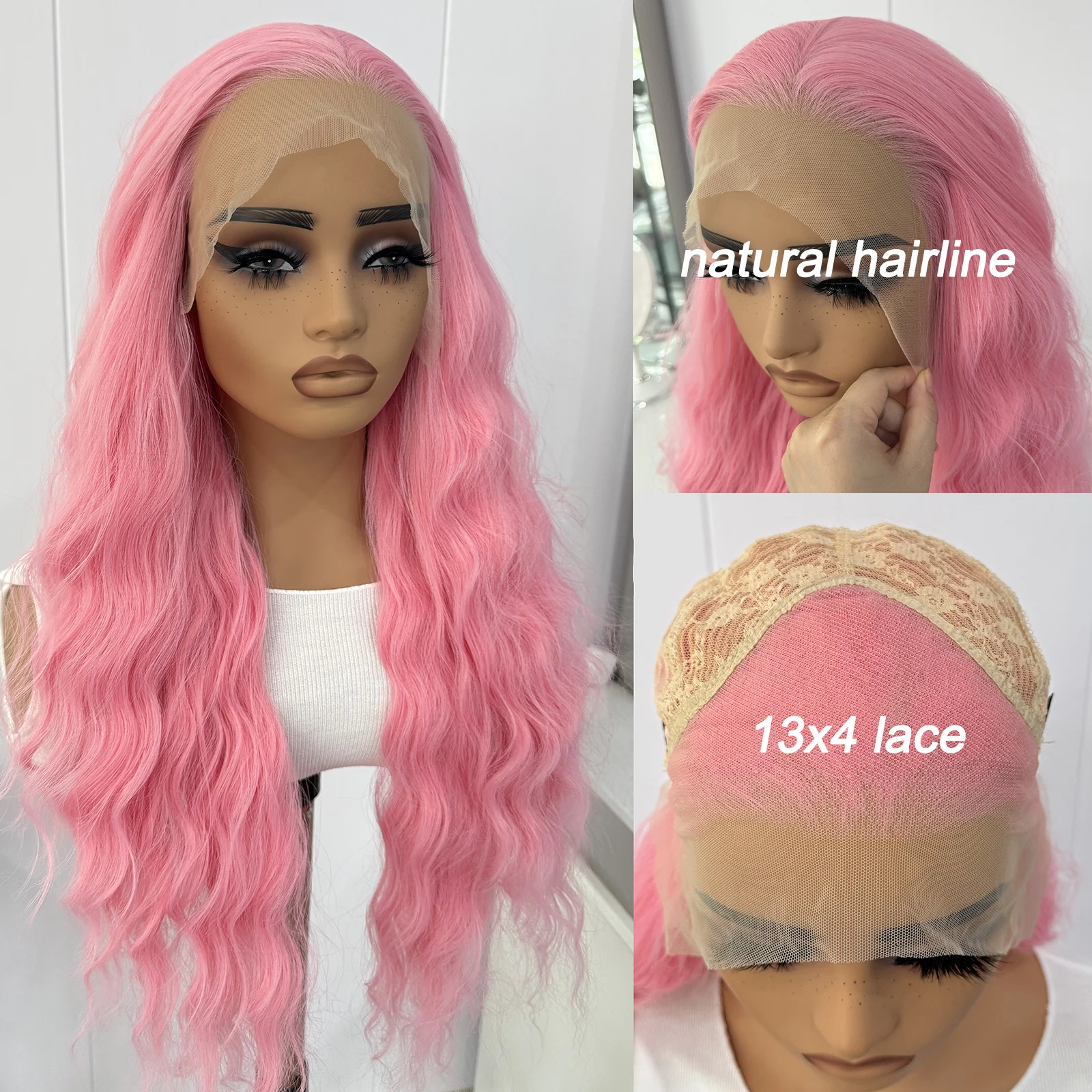 

Розовый парик фронта шнурка 13X4 Длинные объемные волны Синтетические волосы Бесклеевой парик для женщин Натуральная линия волос Ежедневное использование Парики для косплея