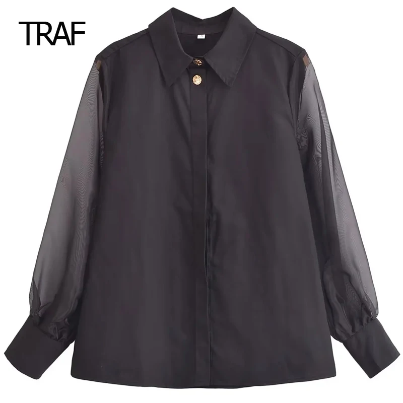 TRAF Organza Black Blouse Women's Shirt Spring Summer 2024 Lapel Collar Translucent Long Sleeves Top Elegant Lady Luxury Blouses