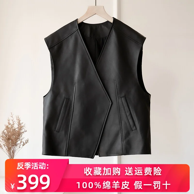 2023 New Spring Genuine Leather Vest Women's Loose V-Neck Sheepskin Vest Sleeveless Jacket Sweetheart