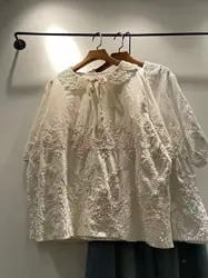 Mori kei fashion peter pan collar embroidery white beige shirts and blouses for women bow cotton short sleeve tops lolita clothe