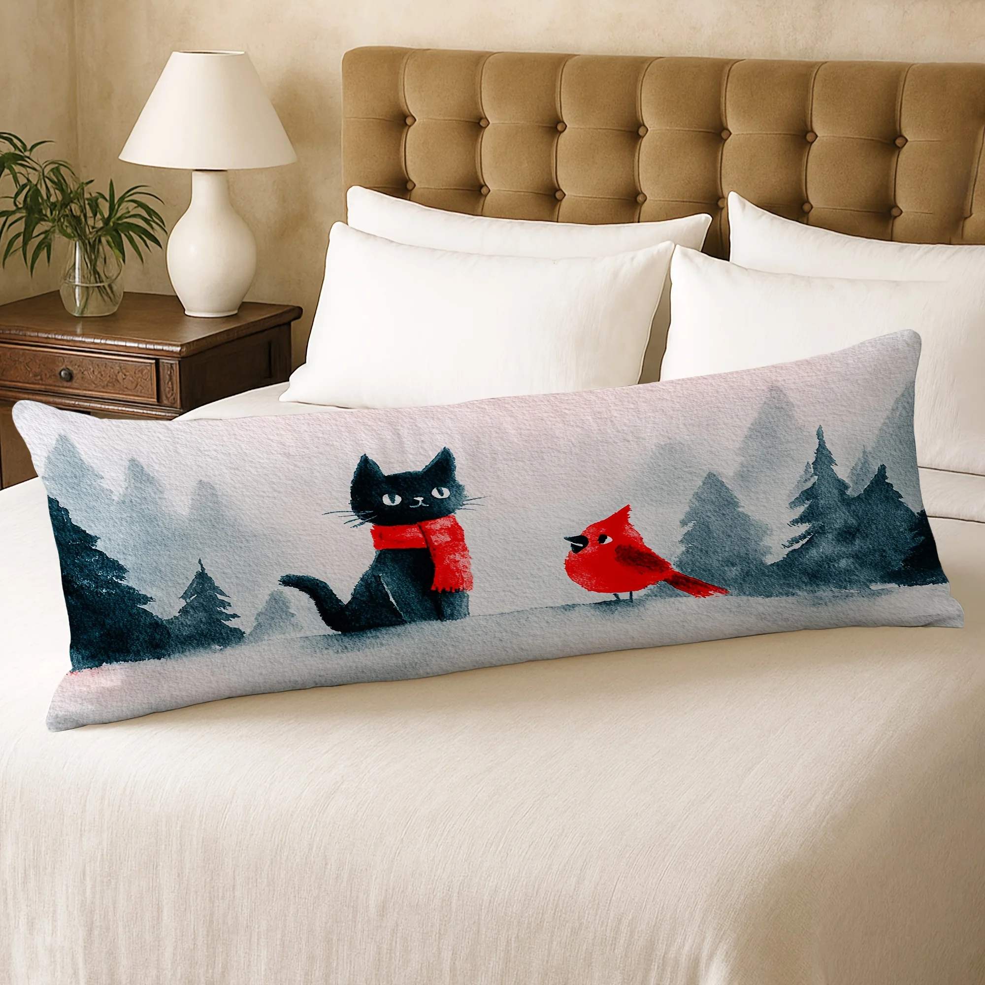 1pc Body Pillow Cover Christmas Decoration Cartoon Cute Cat Bird Scarf Pine Tree 20*54 Inches Suitable for Living Room Bedroom S