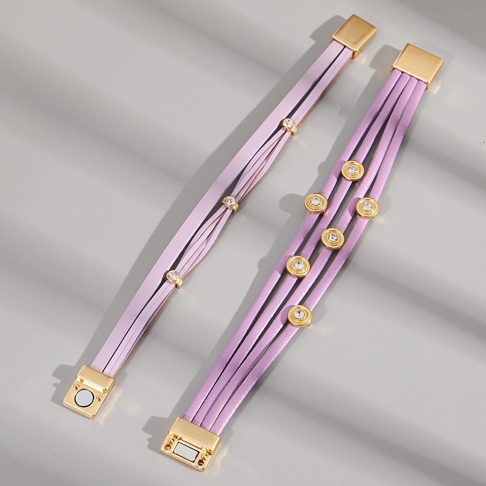 ANESOA Ultra-narrow Rhinestone Inlaid Leather Bracelet Trendy Temperament Women Round-clasp Zircon Bangle Purple Series Jewelry