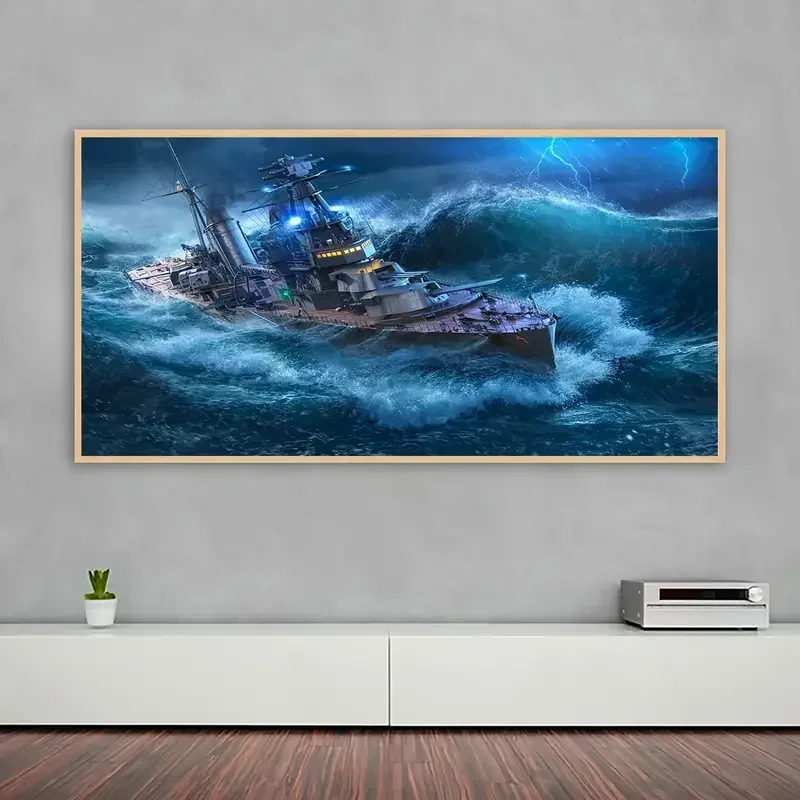 1pc Unframed Cartoon Canvas Print Poster, Ship On Stormy Sea Painting, Waterproof Canvas Wall Art, Artwork Wall Painting For Bed