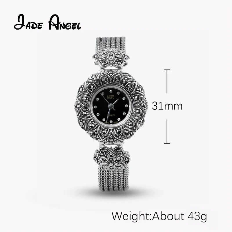 JADE ANGEL 925 Sterling Silver Sunflower Quartz Wristwatch Stylish Chic Ladies Marcasite Watch with Wheat Strand Fine Jewelry