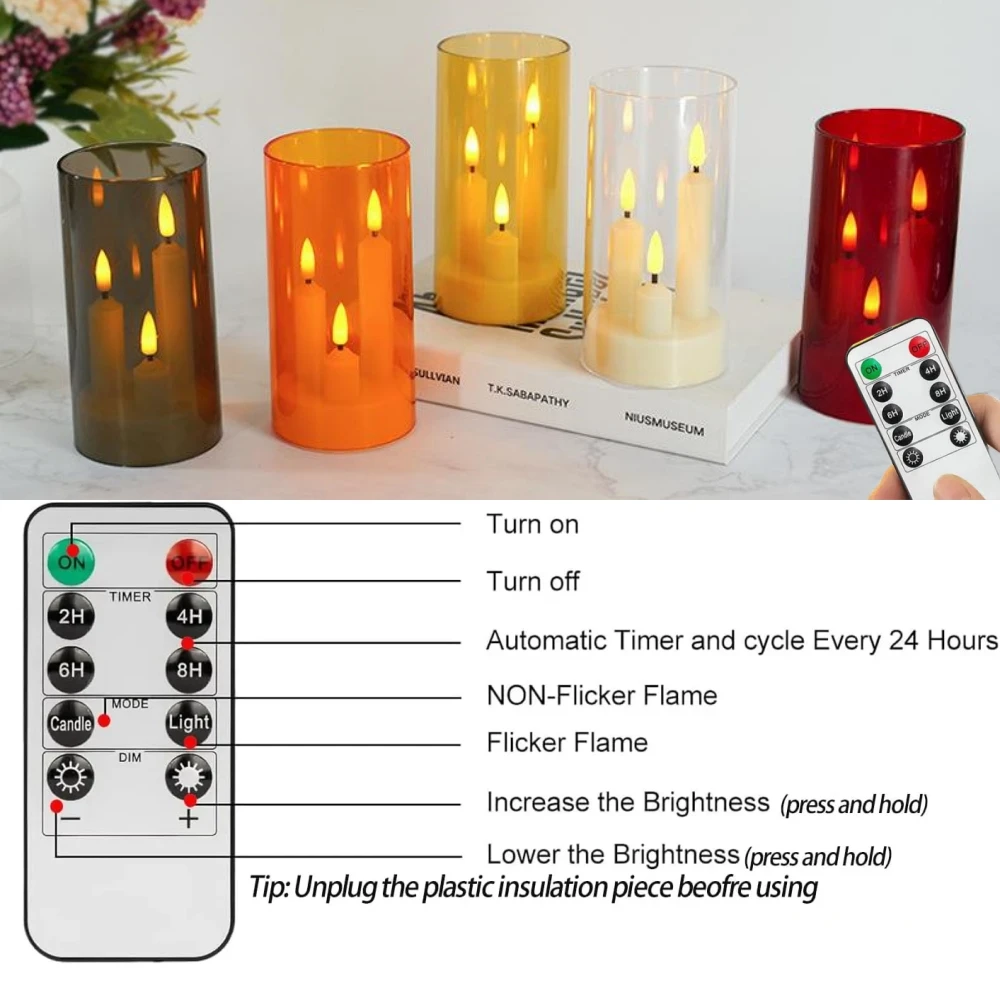 LED Electronic Candles Lights Flameless Remote Timer Flickering Lamp Clear Acrylic Glass Battery Powered for Party Wedding Decor