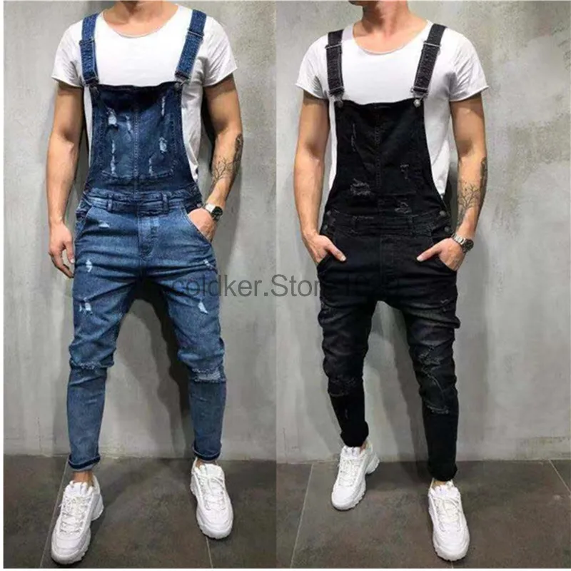 Jumpsuit Jeans sobek untuk pria, jumpsuit Denim jalanan tinggi, celana Suspender ramping modis 2024