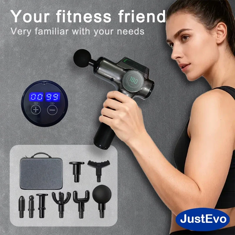 

JUSTEVO 99-Level Massage Gun, Type-C Rechargeable, 8 Massage Heads, Intensity & Battery Display, Perfect gift.