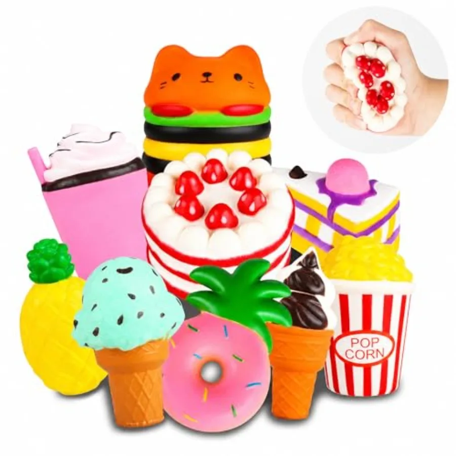 Set de Juguetes Squishy Jumbo de Calidad Garantizada de Levantamiento Lento - Paquete de 9 Squishies Suaves Kawaii de Hamburguesa, Palomitas, Pastel, Helado y Donut