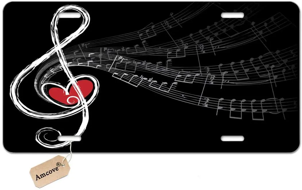 Amcove License Plate Treble Love and Music Notes Car Tag Decorative License Plate Cover Sign Metal Auto Tag Novelty Front sign