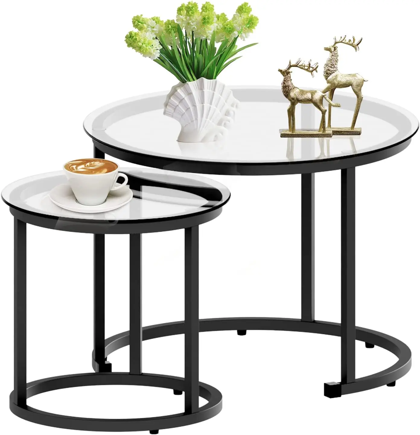 

Black Nesting Coffee Glass Table Set of 2, Metal Side End Tables for Living Room Bedroom for Apartment Small Place