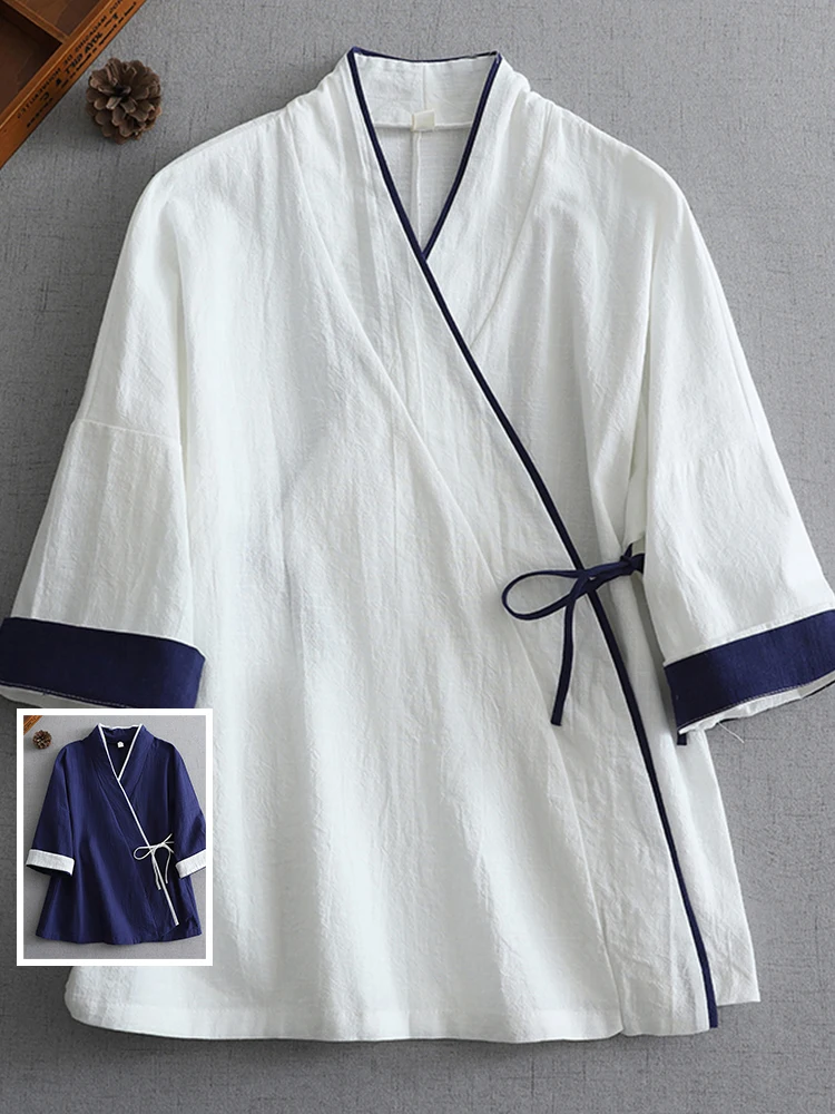 

Color Blo Хлопково-льняной топ большого размера для женщин с боковыми пуговицами V Ne Seven Sve Хлопковый льняной топ с улучшенным ветром Hanfu