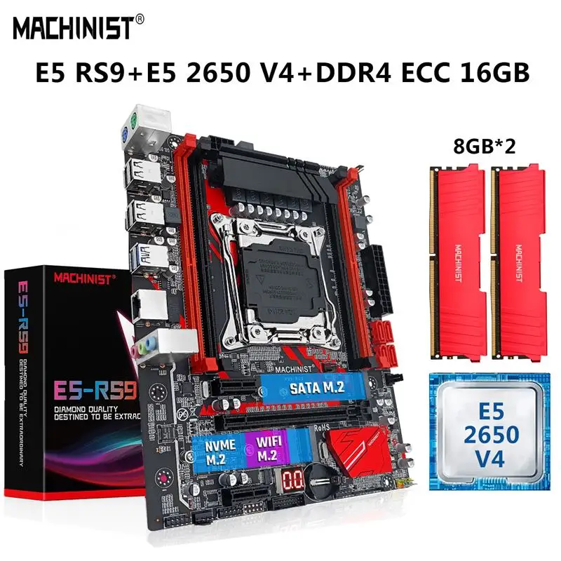 Go! MACHINIST X99 RS9 Motherboard LGA 2011-3 Set With Kit Xeon E5 2650 V4 CPU Processor 16G=2*8G DDR4 ECC RAM Memory NVME M.2