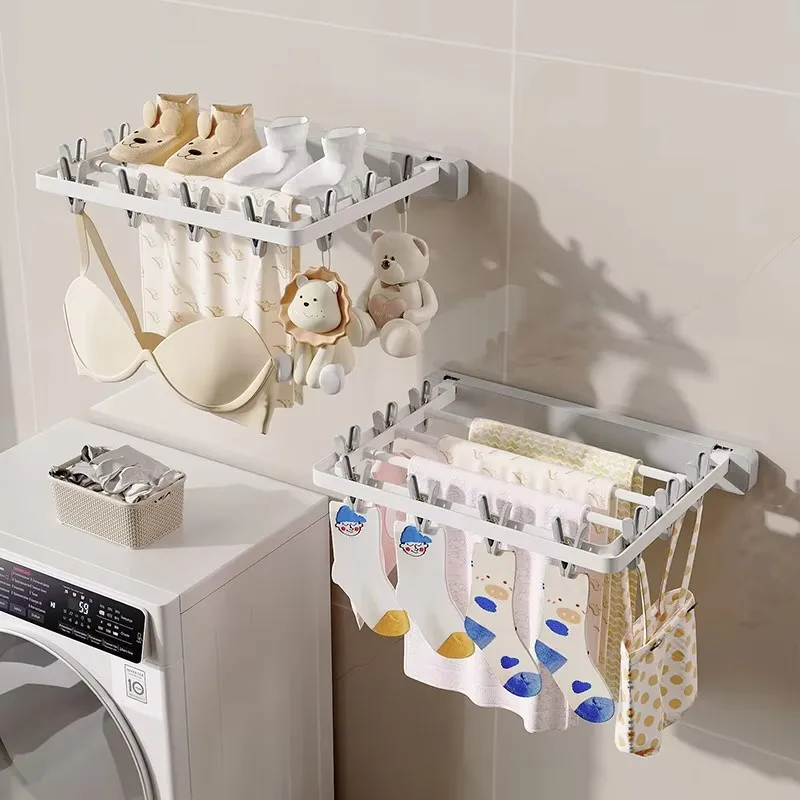 Folding Drying Rack Wall Mounted Clothes Hanger Drying Clip Windproof Sock Clip Multi Functional Towel Hanger Space Saving