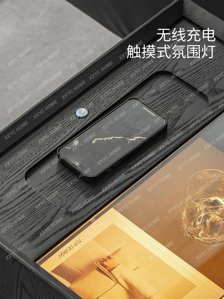 ss CSmart bedside table Wireless charging Home bedroom Bedside solid wood locker Black cabinet with light