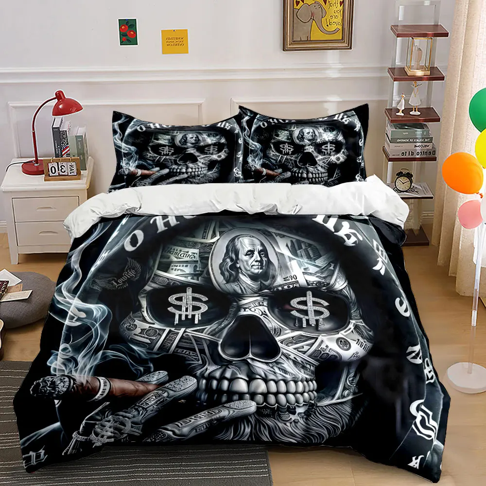 Money Skull Street Style Pattern Duvet Cover Set Digital Print Colorful Polyester Bedding with Zipper Closur for kids gifts