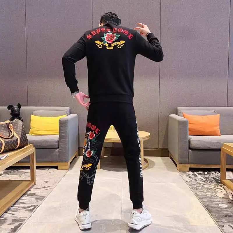 New Autumn and Winter Men's Personalized Old Hot Diamond Casual Suit Luxury Fashion Handsome Sweater Pants Two-Piece Set