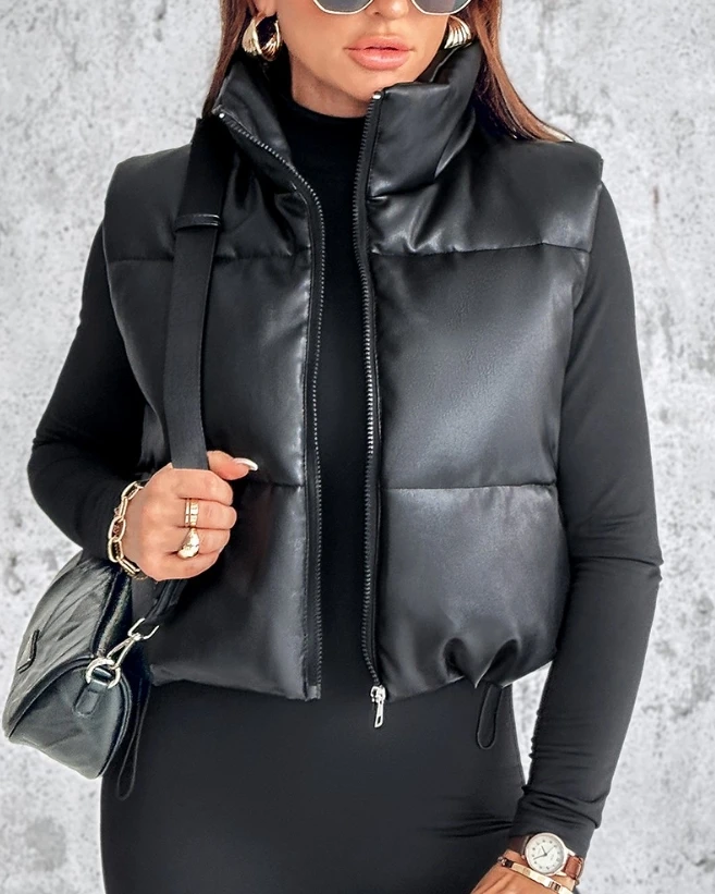 Winter Jacket Woman 2024 Casual Versatile Fashion Short Down Vest Pu Leather Stand Collar Drawstring Hem Zip Up Puffer Vest Coat