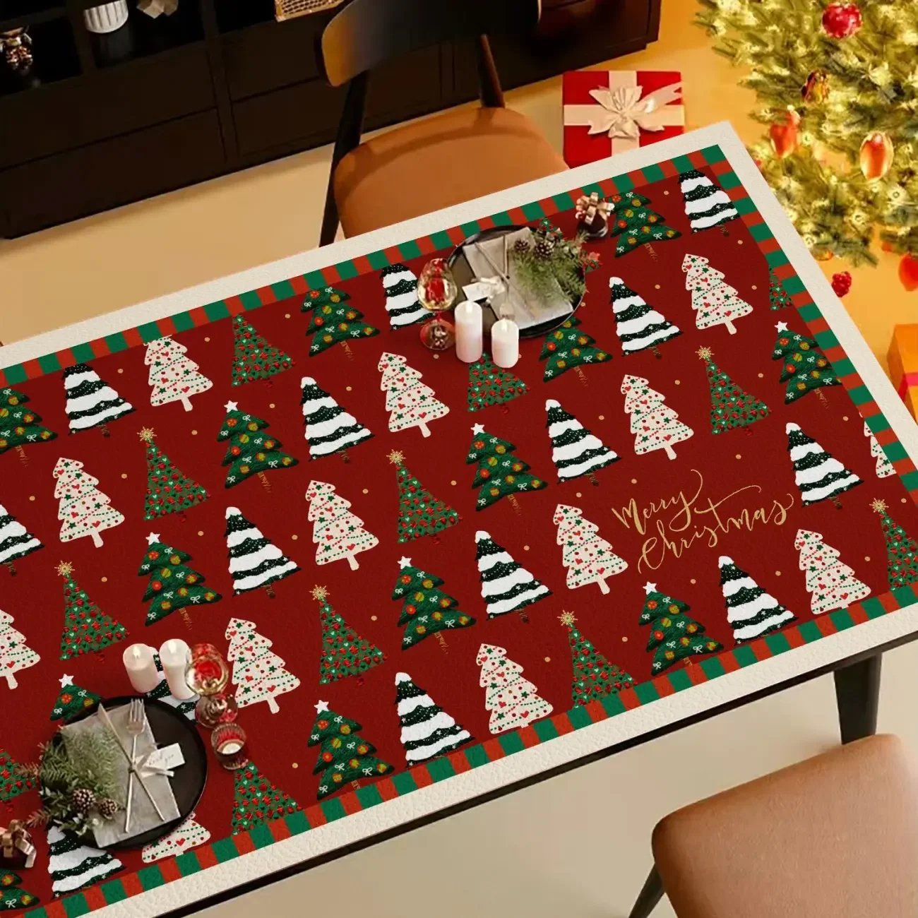 Christmas Red Green Plaid Tree XXL PU Leather Desk Mat | Waterproof Washable Makeup Vanity Pad for Dorm Keyboard Mouse