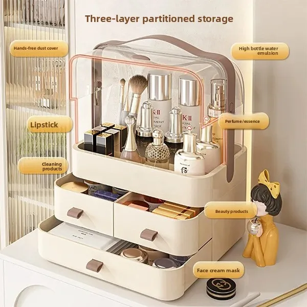 

New-style hand-held cosmetic storage box, dormitory desktop dust-proof organizing box, skin care product shelf with lid