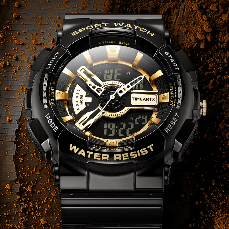 TIMEARTX Men's Quartz Watch Sports Chronograph LED Digital Dual Display Night Light High Quality Gift Wristwatch for Boyfriend