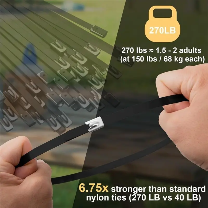 A25F-100Pc Metal Zip Ties Black 11.8In Stainless Steel Zip Ties Heavy Duty,Wire Multifunctional Locking Exhaust Wrap Flexible