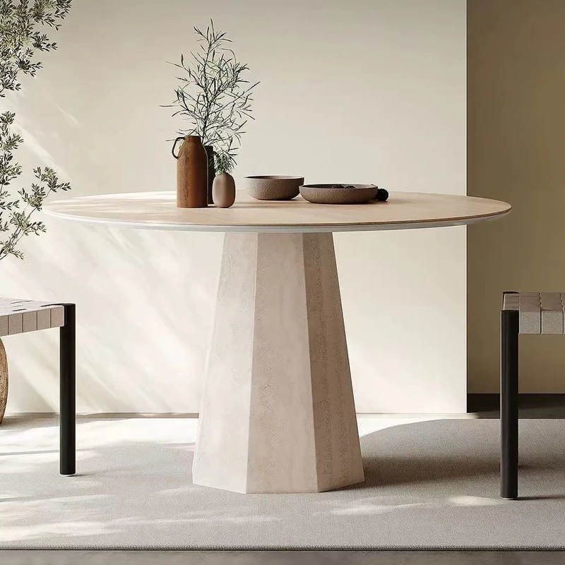 Table à manger ronde en pierre frittée, style Mid-Century, mobilier de salle à manger au design minimaliste et aux tons neutres pour la salle à manger domestique