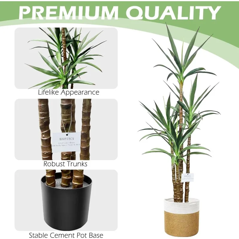 Trees 58 Inch/ 4.8Ft Faux Tree 4 Trunks Agave Plant, Tall Plant Fake Plant with Plastic Pot for Home Decor, Office Decor