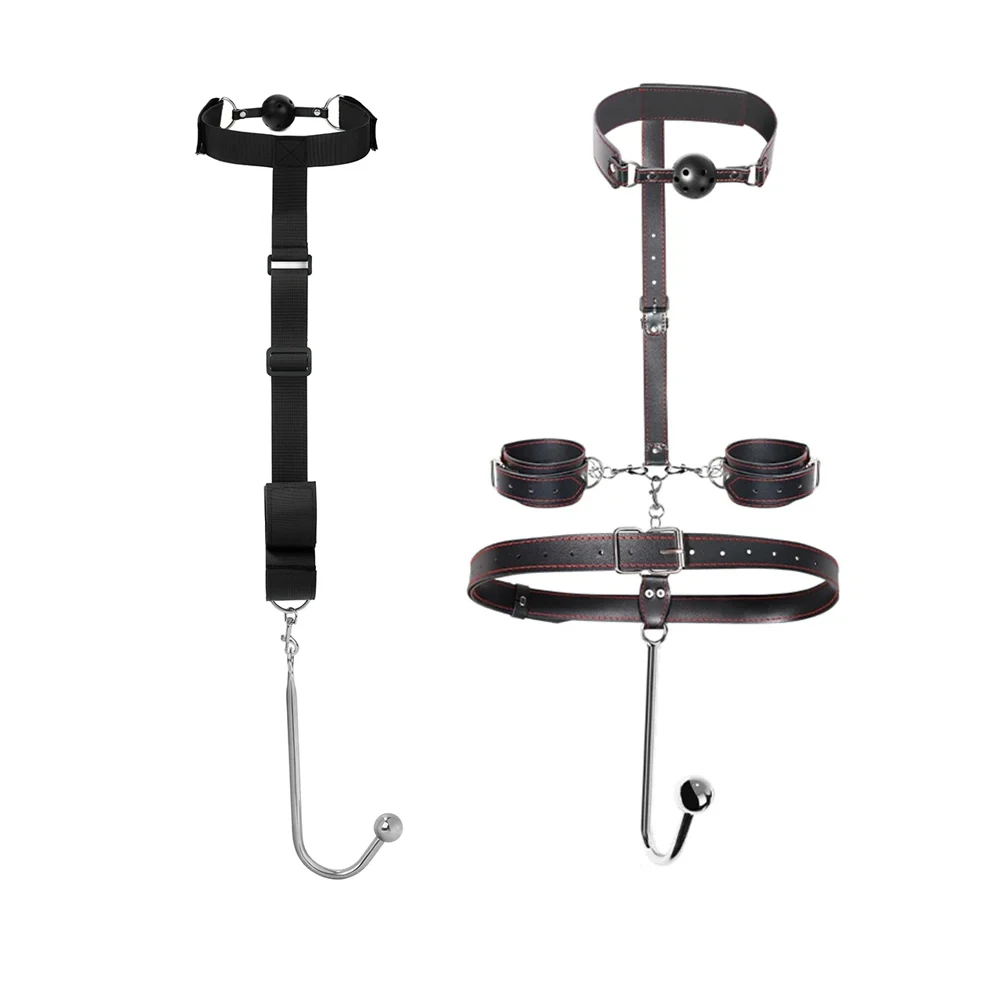 BDSM Metal Anal Hook Mouth Gag Collar Neck to Wrist Restraints Kits Bondage Sex Toy For Women Couples Adjustable Back Handcuffs